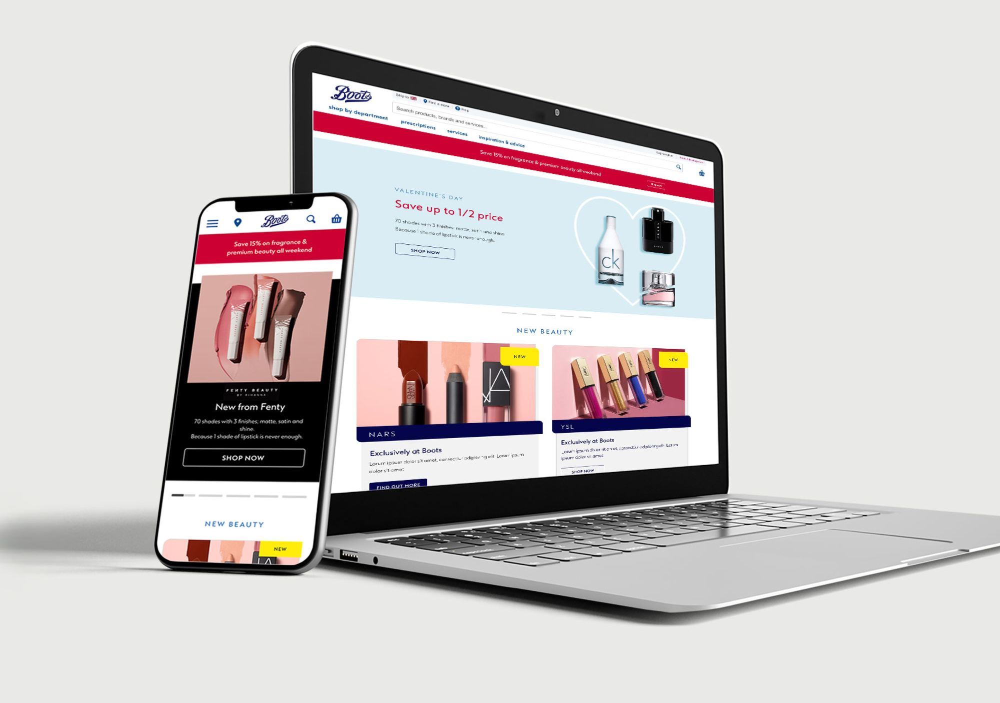 Boots.com homepage shown on laptop and phone