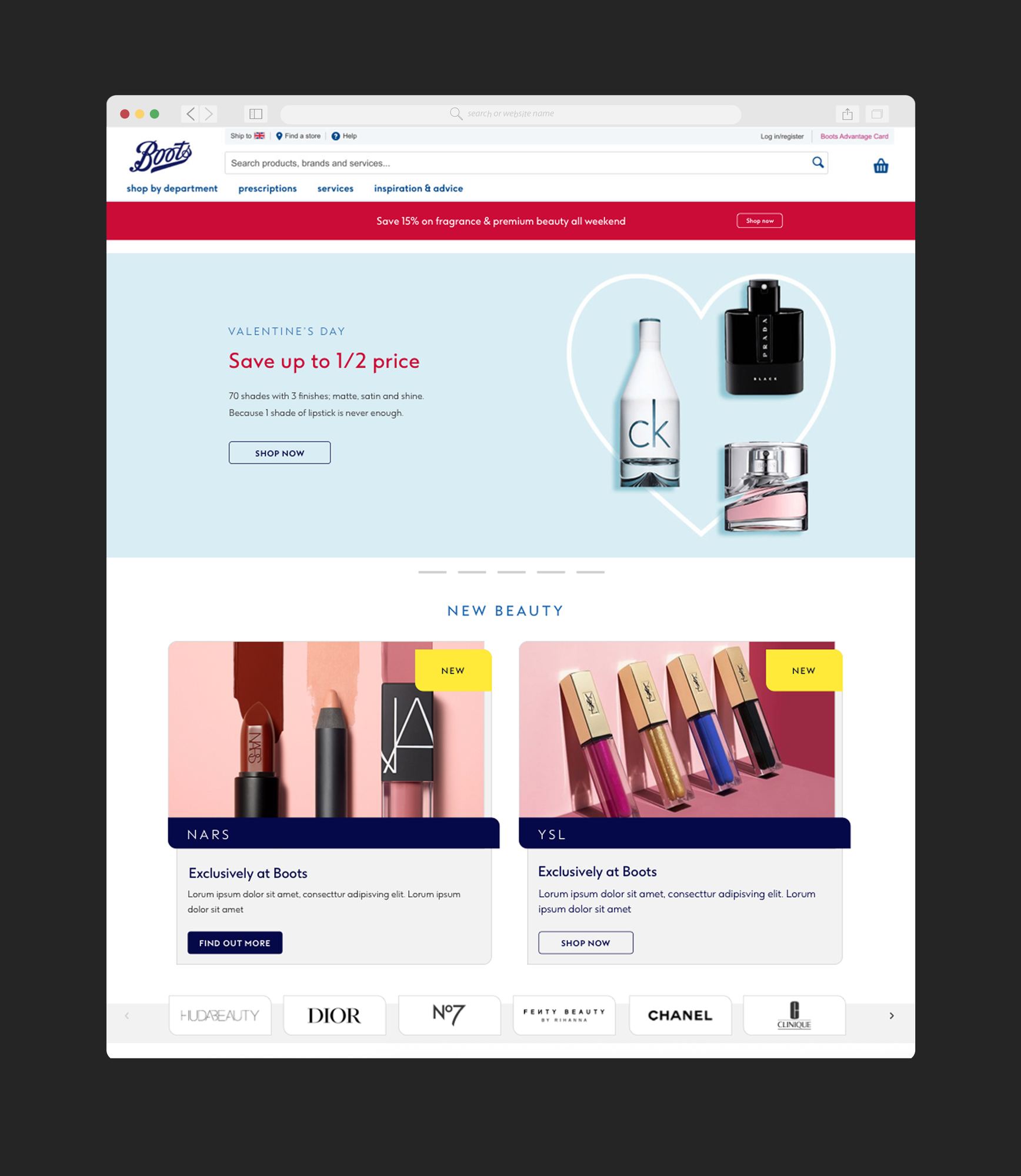 Boots.com homepage with Valentine's Day banner and New Beauty section