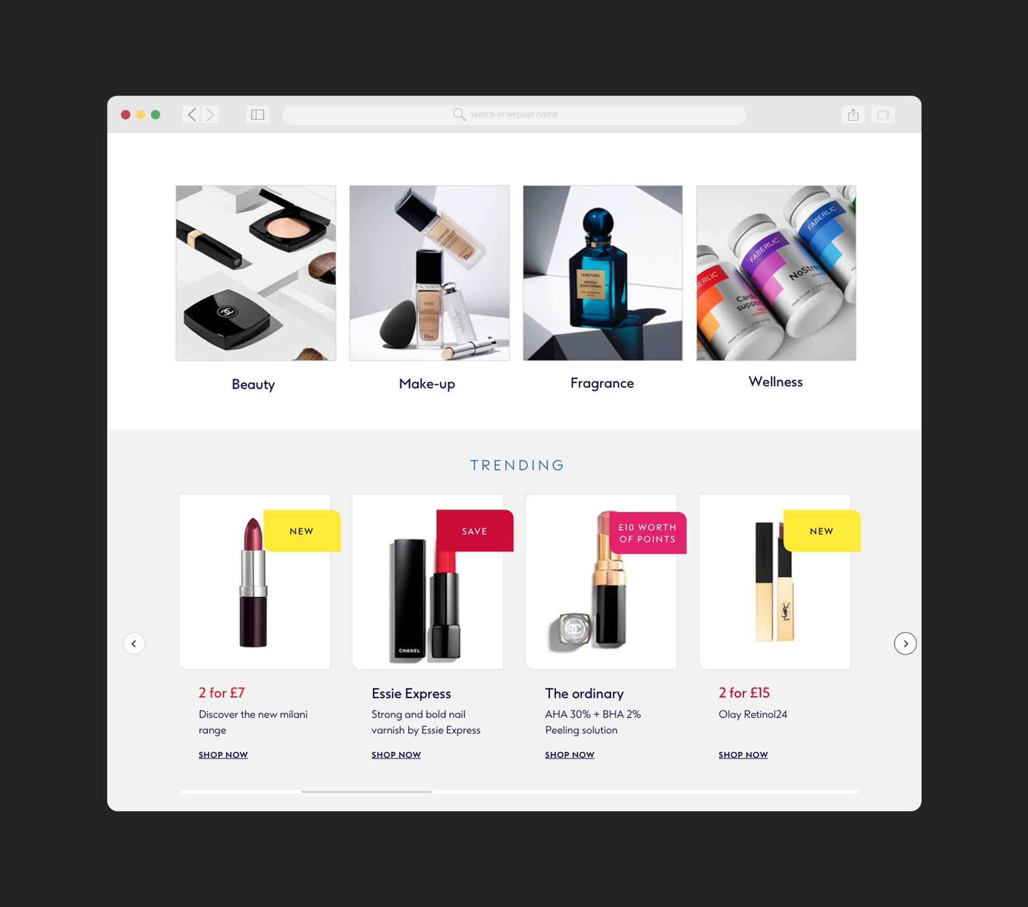 Boots.com category tiles and trending offers