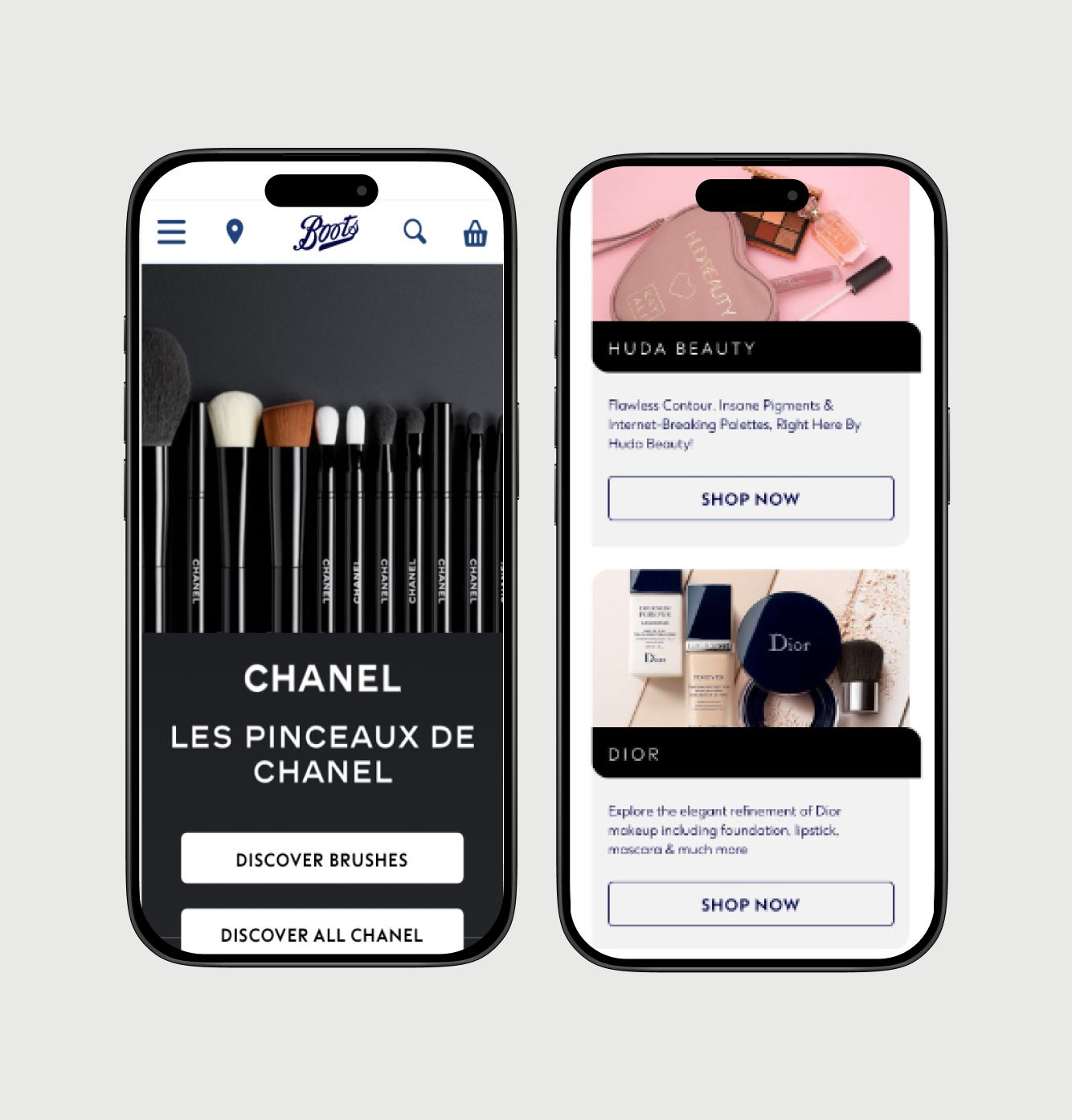 Boots.com Chanel brush campaign and Huda Beauty and Dior brand pages on mobile