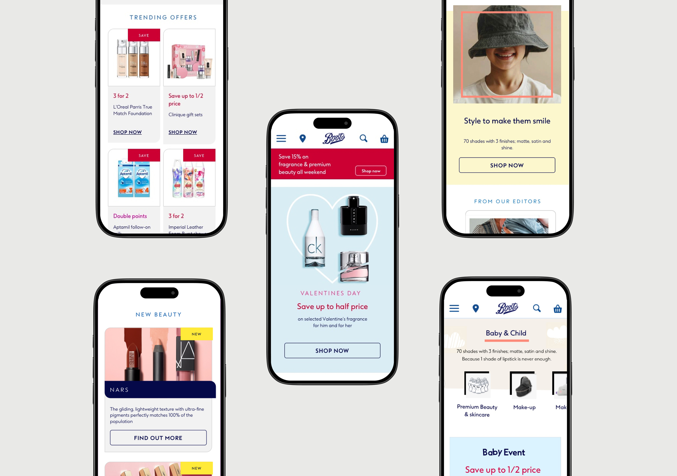 Boots.com mobile screens collage across various campaigns and categories