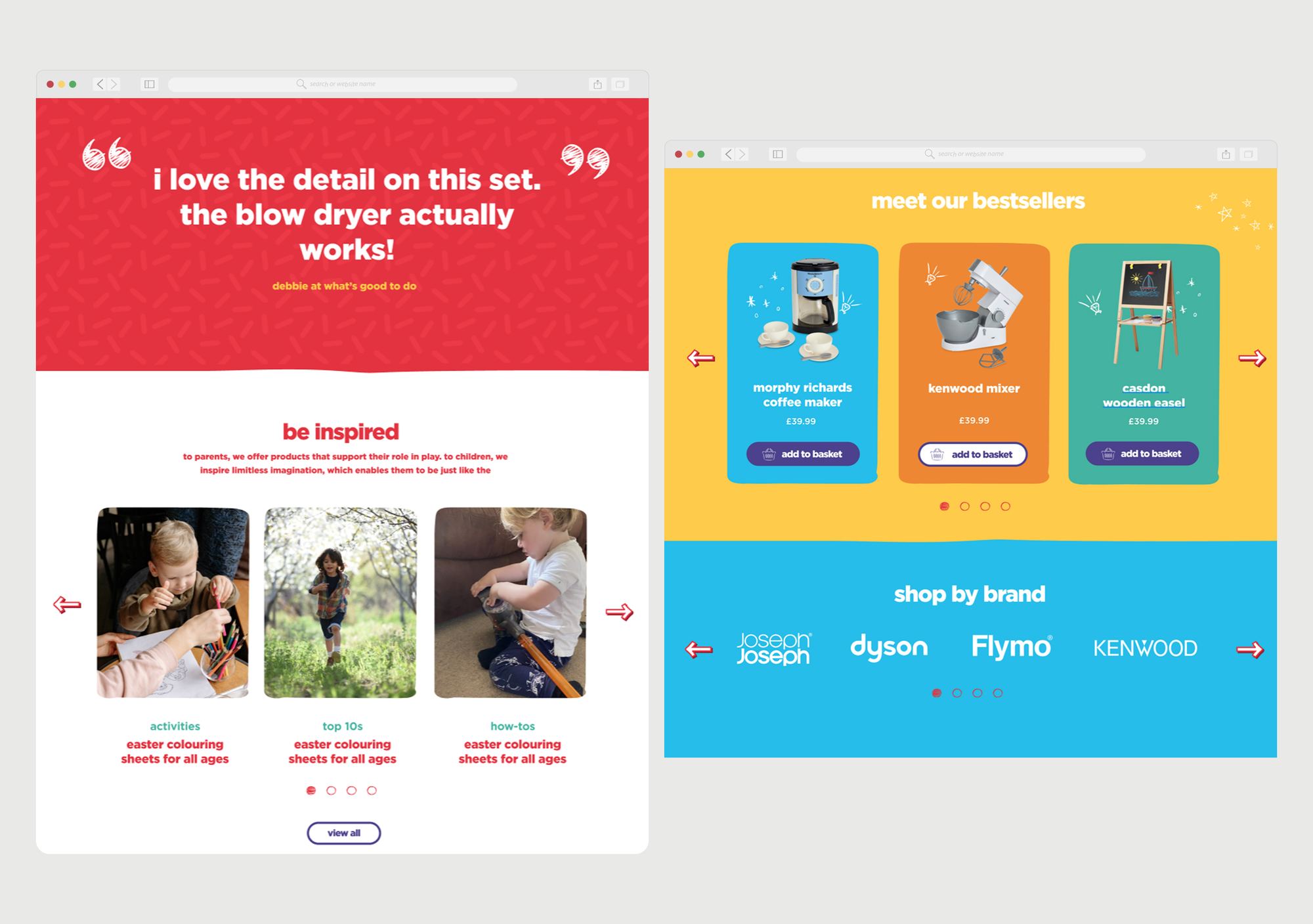 Casdon Toys homepage testimonial quote, bestsellers, and shop by brand sections