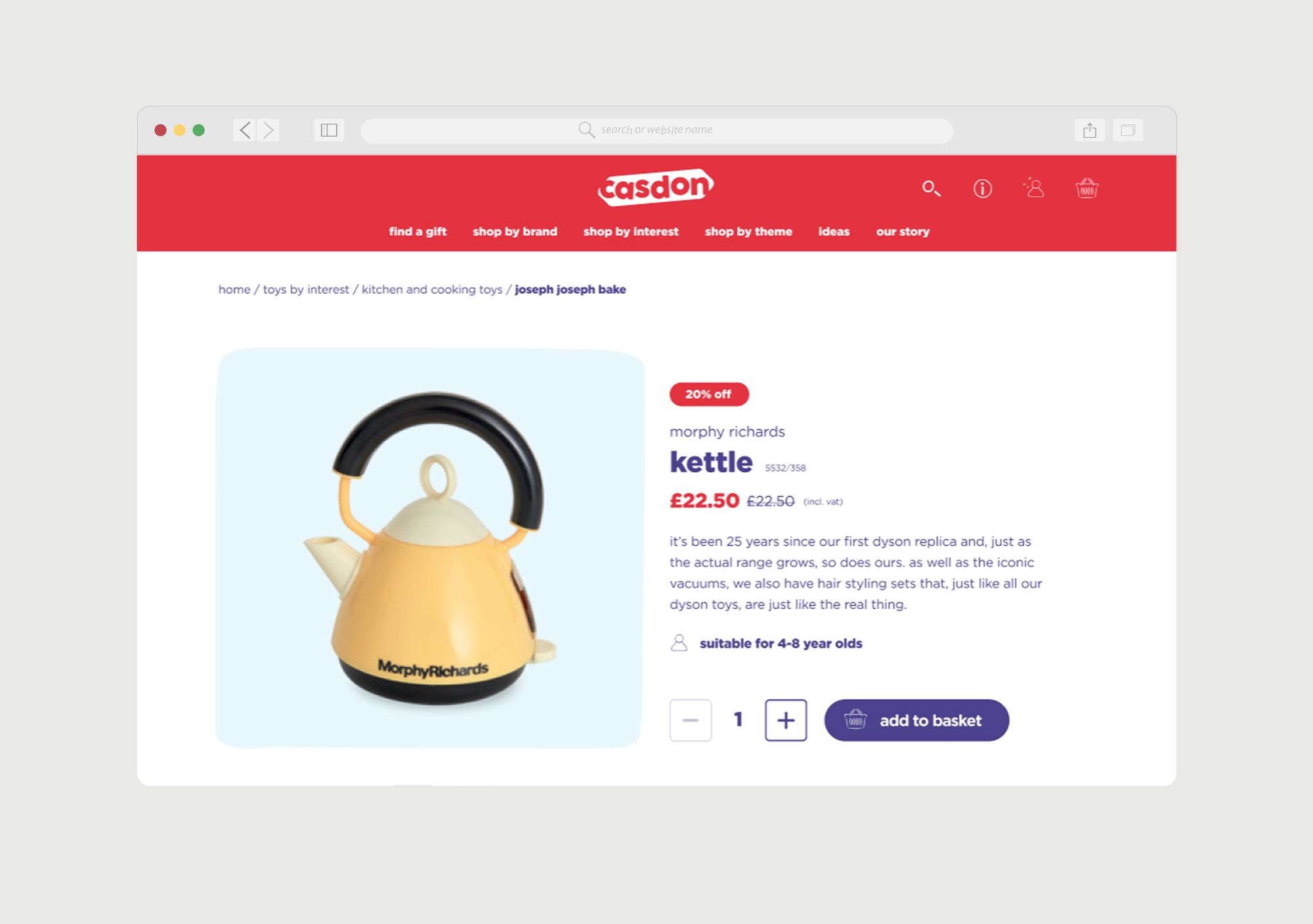 Casdon Toys product detail page for a Morphy Richards toy kettle