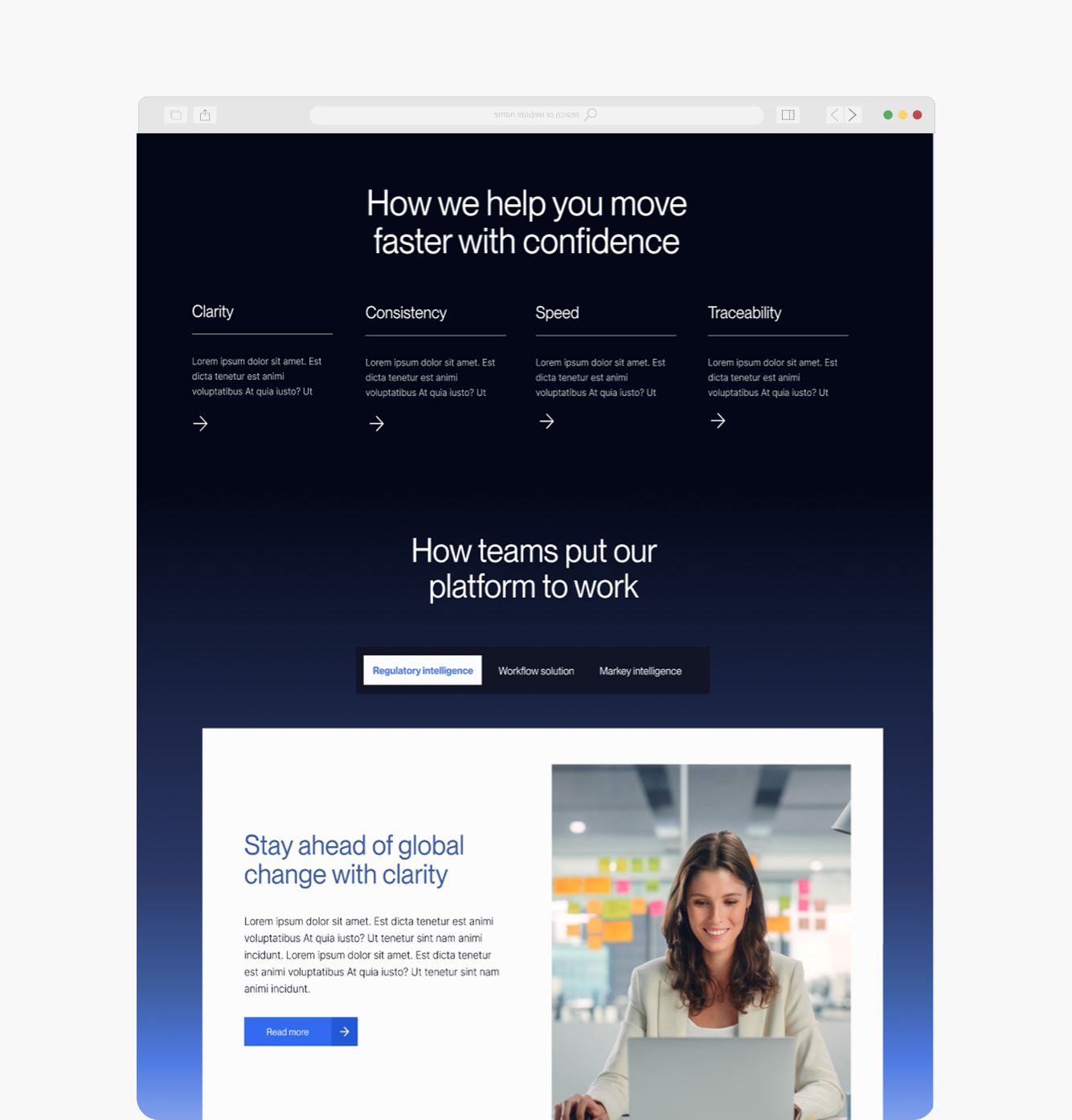 Infodesk dark section, How we help you move faster with confidence