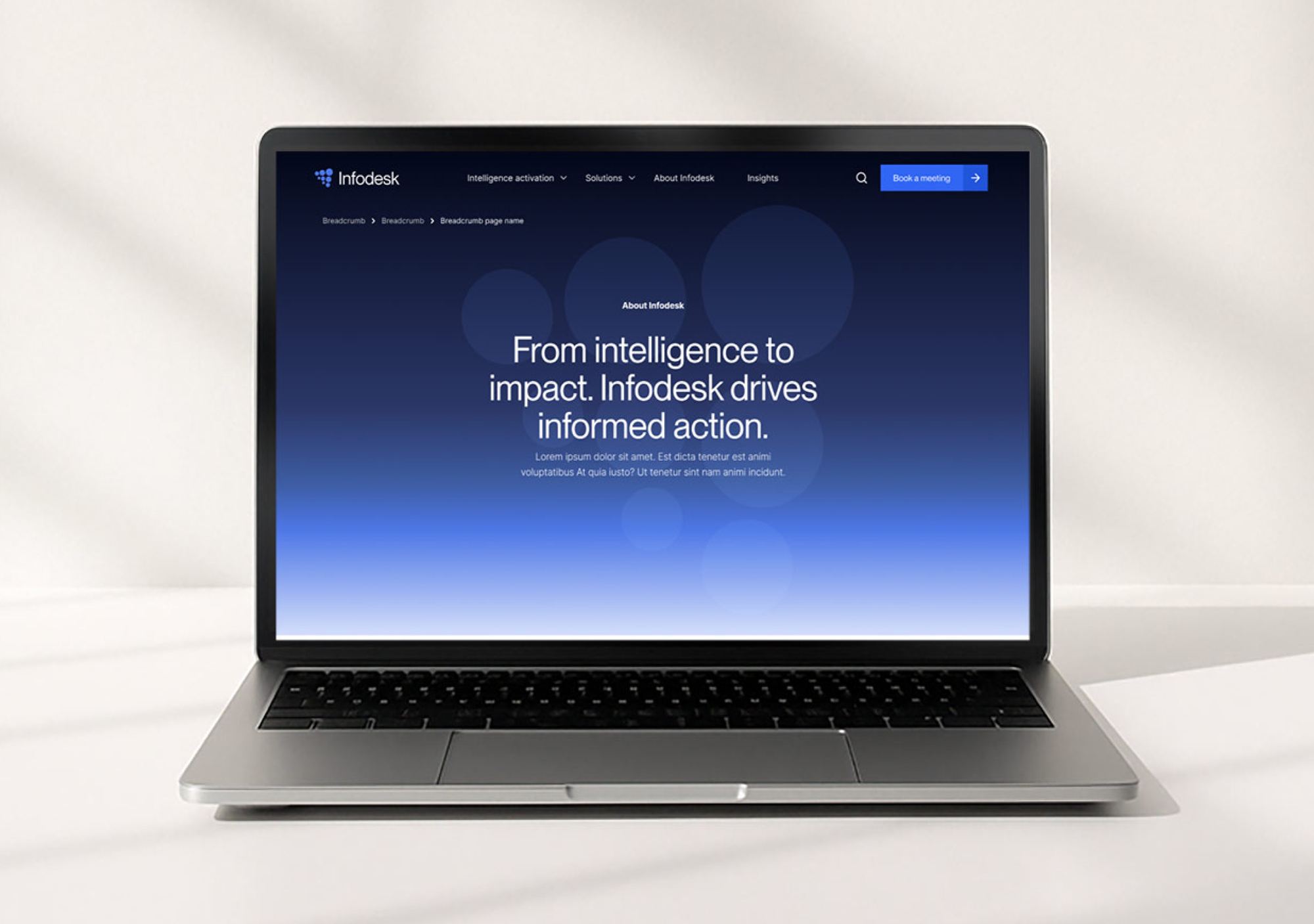 Infodesk About page on laptop, From intelligence to impact