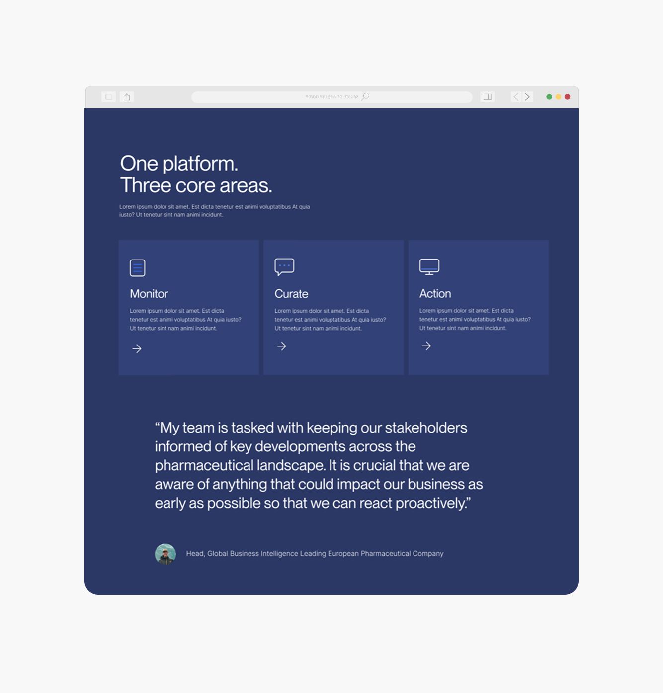 Infodesk dark section, One platform, three core areas, with client quote