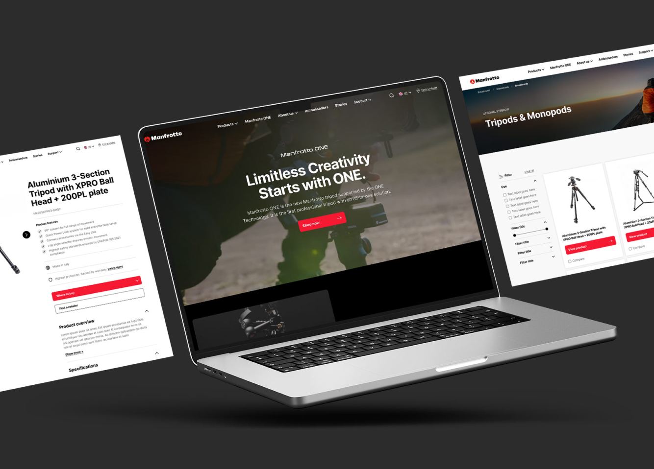Manfrotto ONE homepage and product pages shown across desktop and mobile