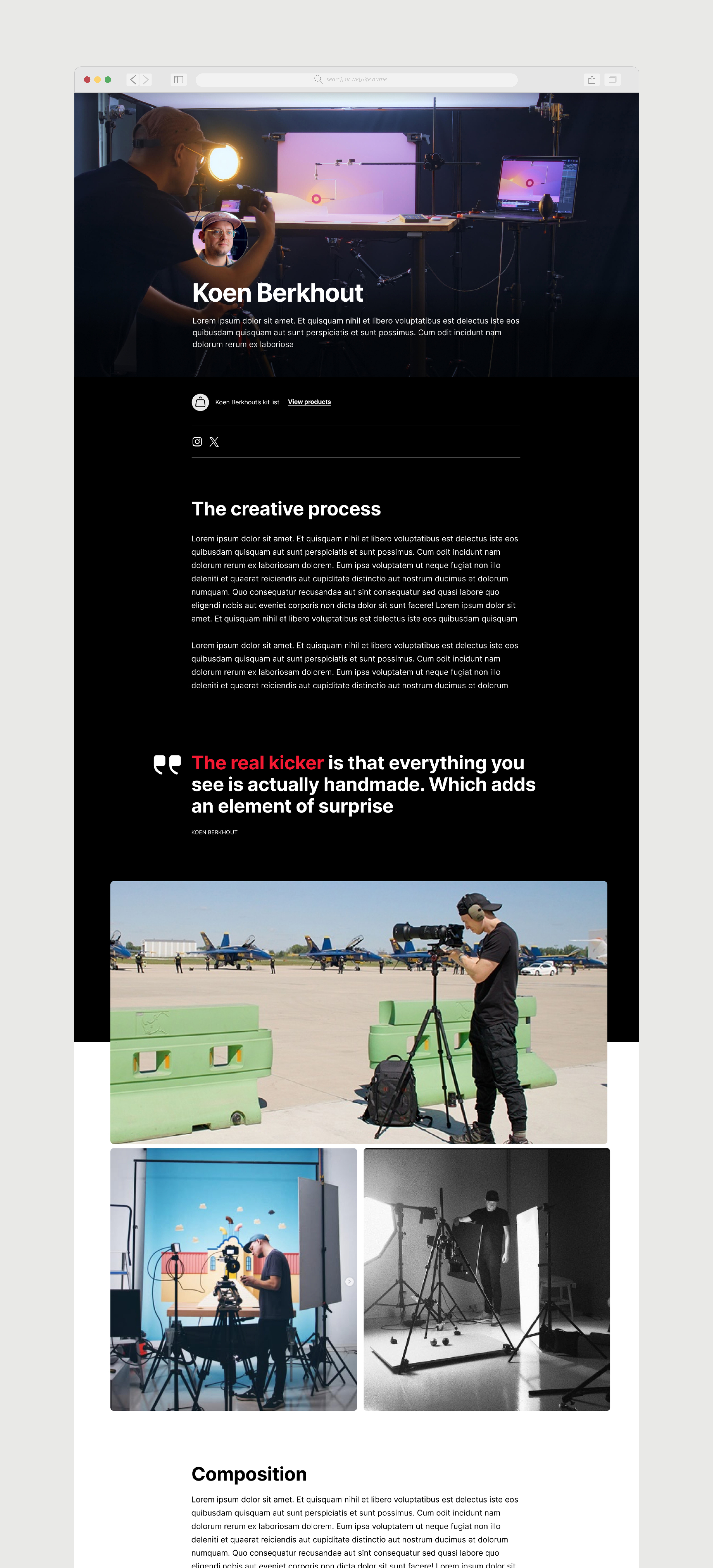 Manfrotto ambassador profile page for Koen Berkhout, creative process and pull quote sections