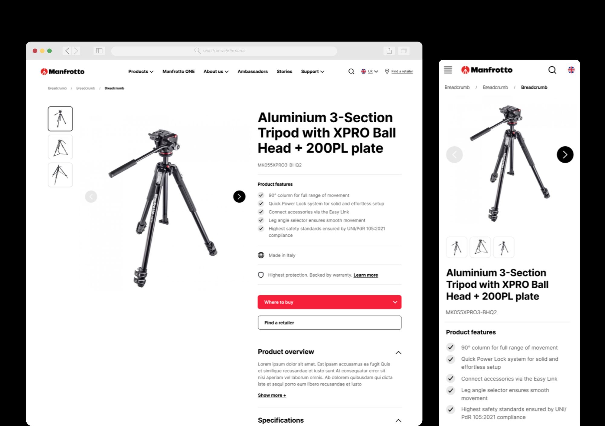 Manfrotto product detail page for Aluminium 3-Section Tripod on desktop and mobile