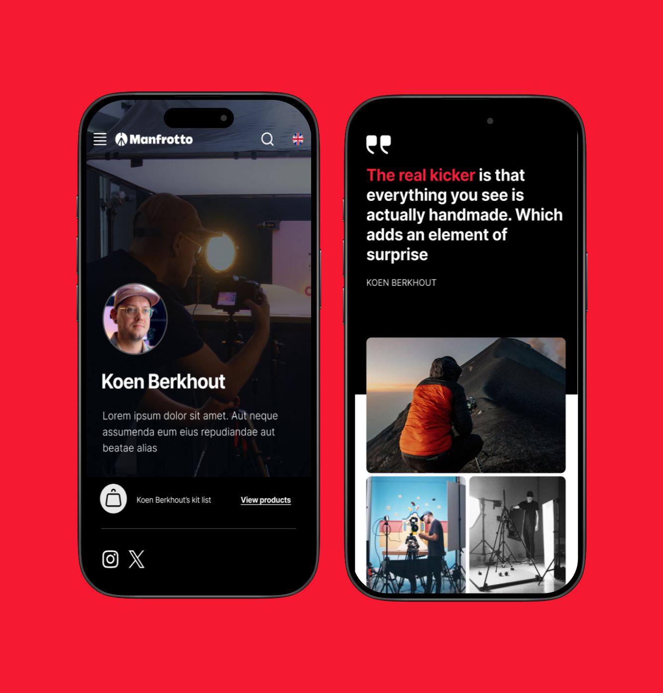 Manfrotto ambassador profile page for Koen Berkhout on mobile
